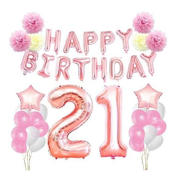 21st Happy Birthday Party Balloon And Pom Set Decoration - Rose Gold ...