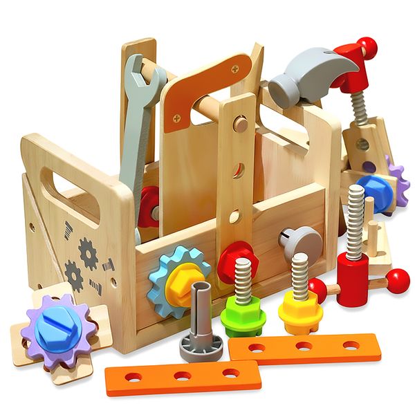 Wooden Children Toys Tool Set Kids Construction Play Kit with Toolbox
