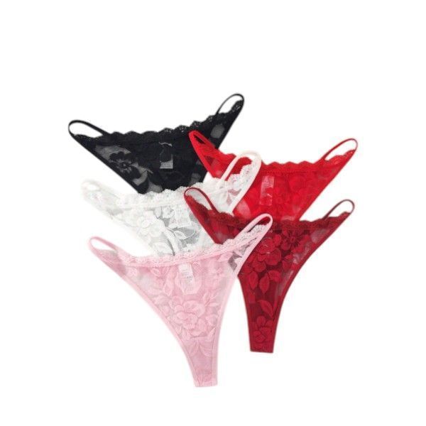 5 Pack Floral Lace Sheer Thong Panty Set - Multi Color