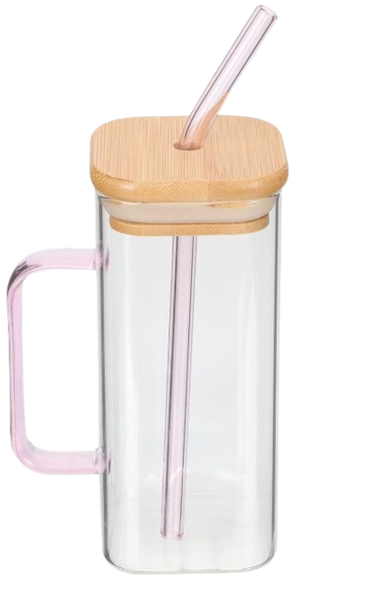 450ml Square Glass with Lid and Glass Straw