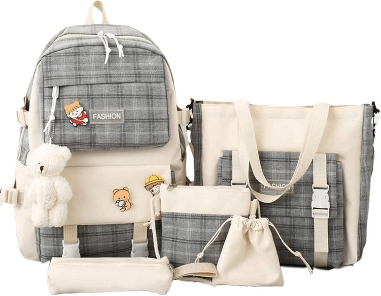 5-Piece Canvas Cute Backpack Combo Set Plaid Shoulder Mochila Pack Student
