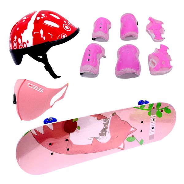 Skateboard 70cm with Protective Gear kit - Helmet and Mask - Foxxy Pink