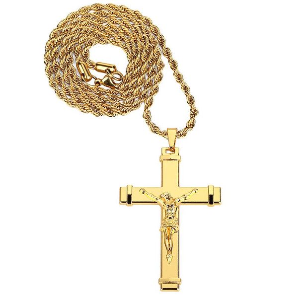24K Gold Necklace Jesus Christ Cross Pendant Hip hop Rap Necklace Jewelry
