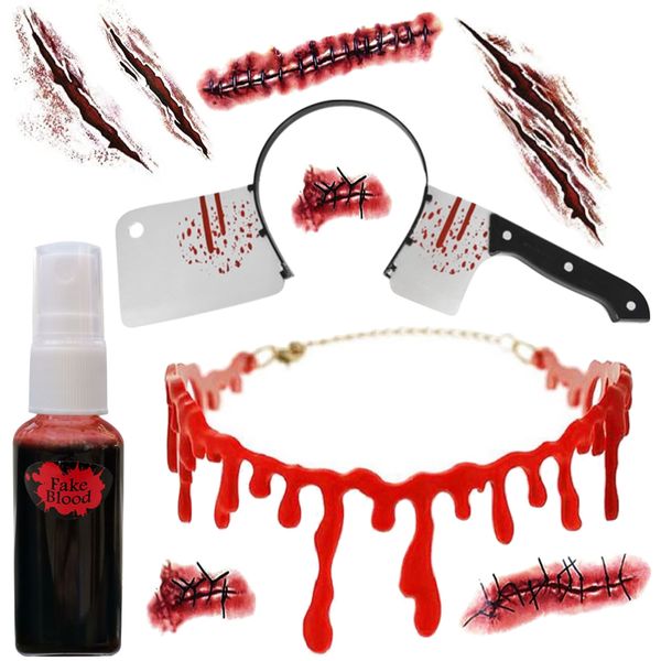 Halloween Fake Blood Necklace, Cleaver Headband, Blood Spray &amp; Scar Tattoos