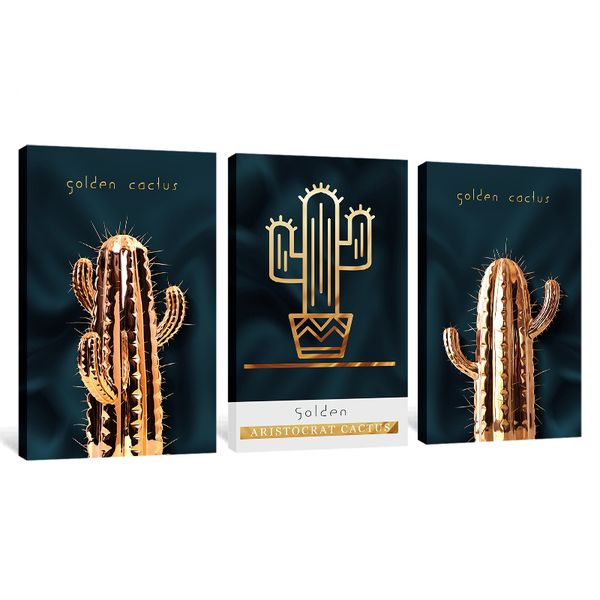 Golden Cactus 3-Piece Abstract Living Bed Room Canvas Print Wall Art