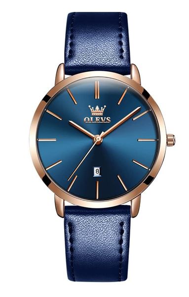 OLEVS Women's Ultra Thin Leather Watch - Blue