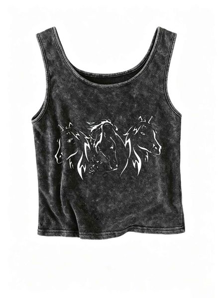 Women's Black 62% Cotton Spaghetti-Strap Tank Top with White Front Print