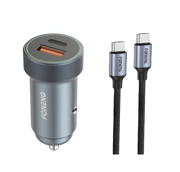 FONENG Certified PD 30W Ultra Fast Dual Car Charger + Type-C Braided Cable
