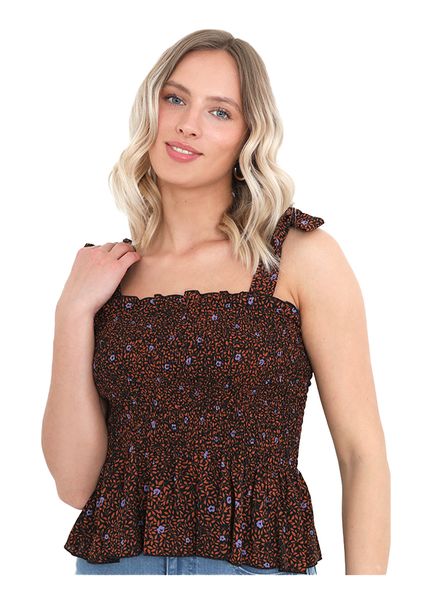 Brave Soul Floral Print Strap Top - Orange / Blue - XS