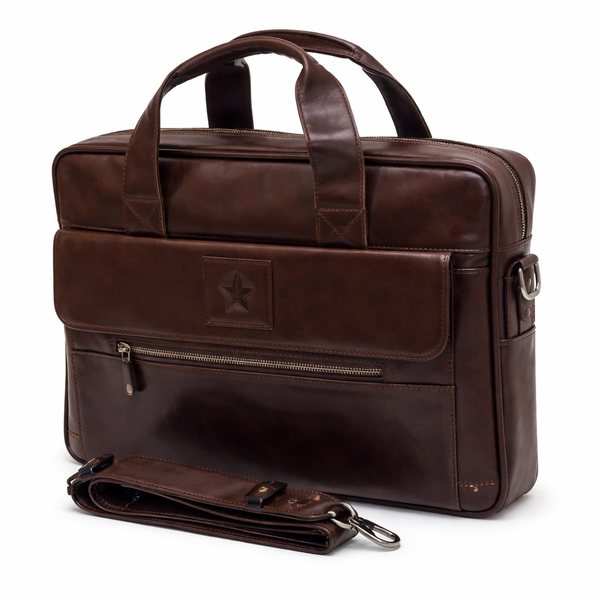 Men's Genuine Leather Laptop Briefcase with Shoulder Strap - Brown