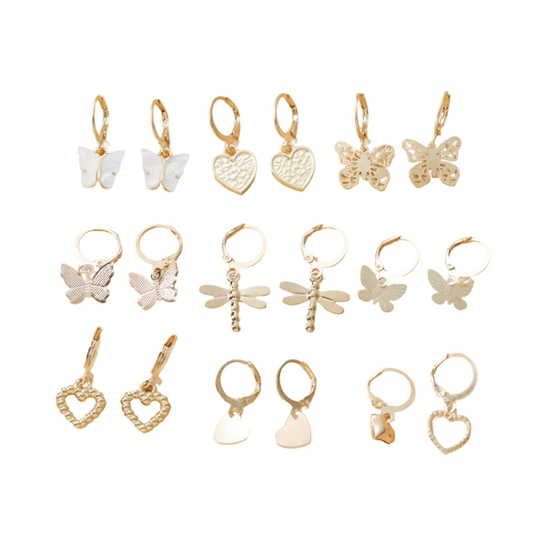 Drop And Dangling Butterfly/Geometric Heart Drop Earrings - 9 Pairs
