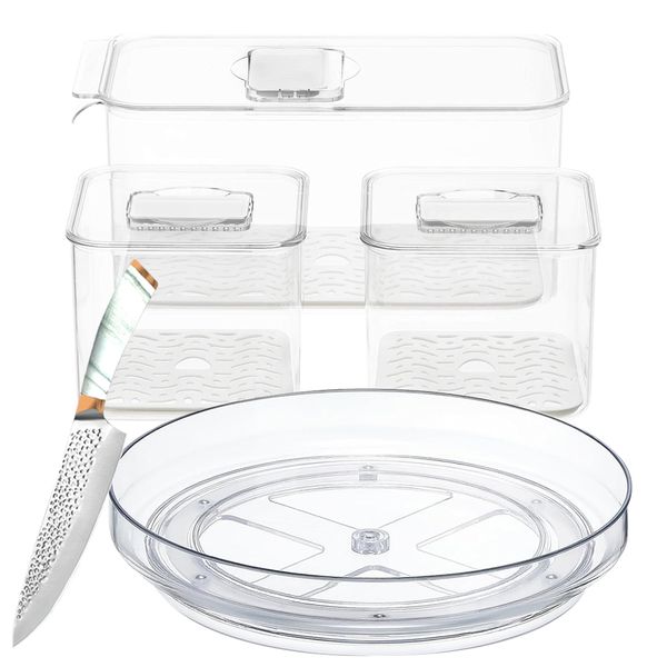 5 Piece- Refrigerator Containers Freezer Organizer with Lazy Susan Turntable