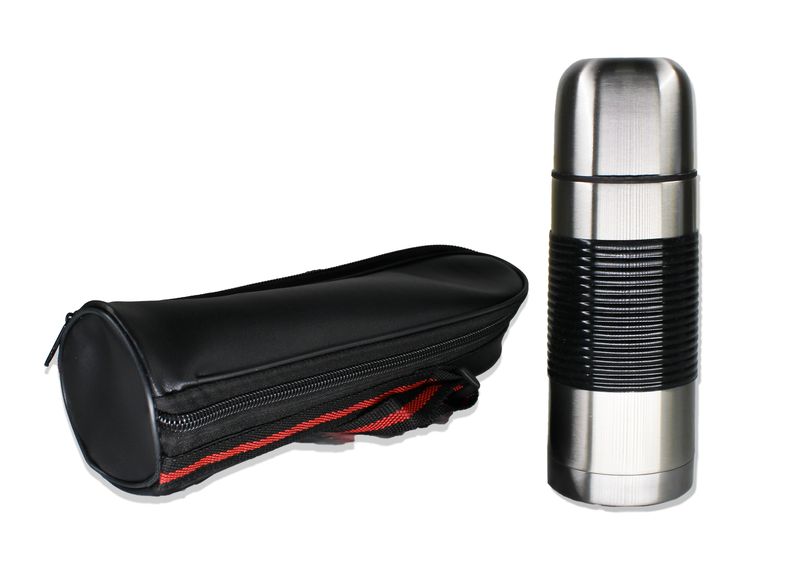 350mlDouble Wall Hot &amp; Cold Bullet Flask with NonSlip Rubber Grip &amp; Pouch