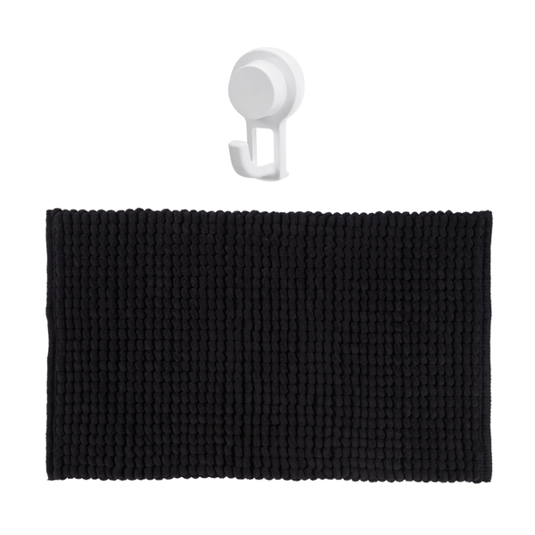 Super Absorbent Black Non-Slip Shaggy Bath Mat + Wall Hook with Suction Cup