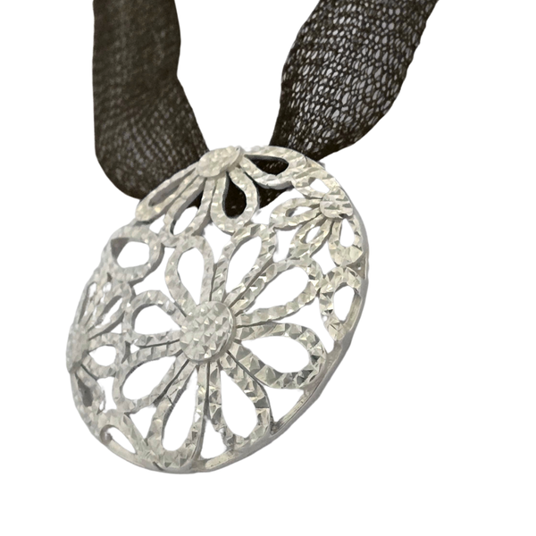 Sterling Silver Air cut Floral Pendant with Expandable Black Net Choker