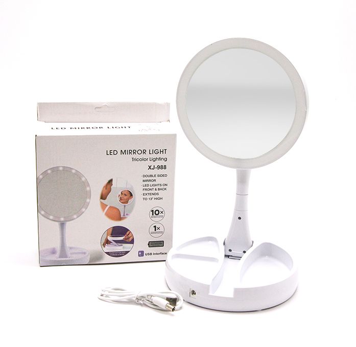 Round LED Cosmetic Makeup Table Mirror DoubleSided with Foldable Stand