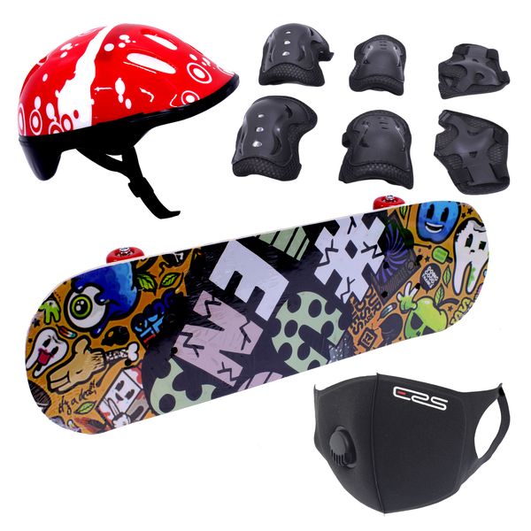 Skateboard 70cm with Protective Gear kit - Helmet and Mask - Cartoon