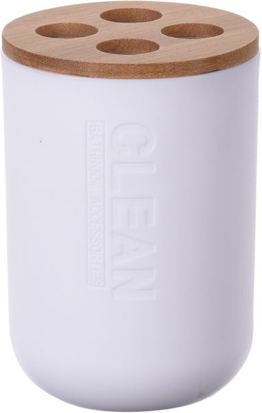 White Toothbrush Holder for 4 Brushes with Bamboo Lid 11x7cm