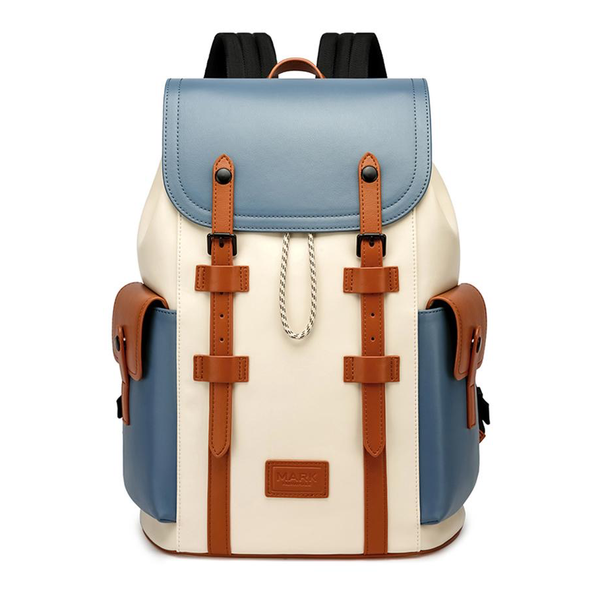 Vintage Color Block Laptop Backpack 15.6 Inch Leather Strap Water-Resistant