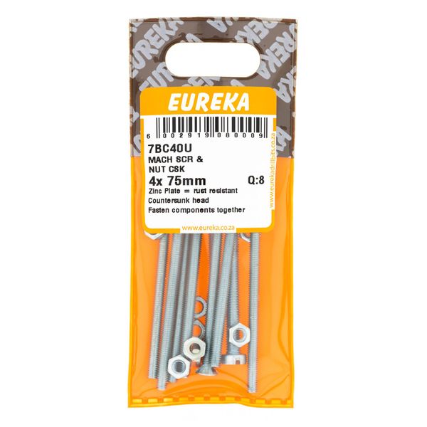 EUREKA Machine Screw &amp; Nut Countersunk 4 x 75mm Q:8 7BC40U