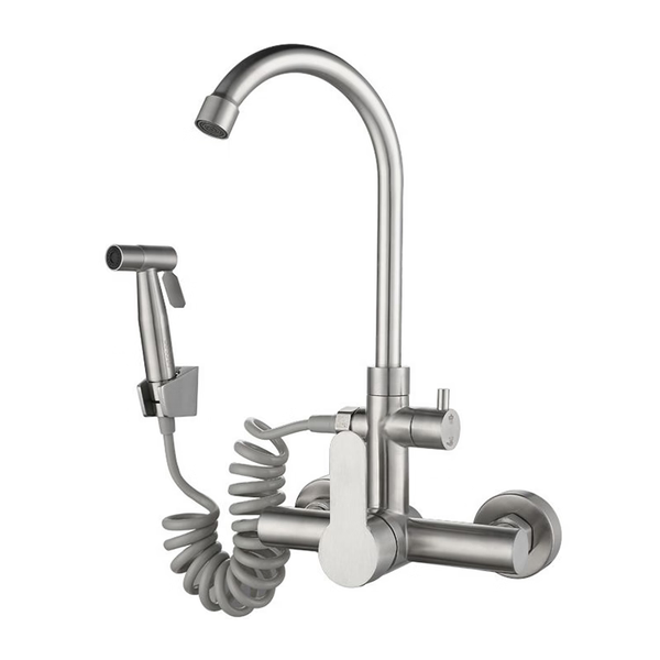 Wall-Mount Stainless Steel Kitchen Faucet with Bidet Spray Shower Head