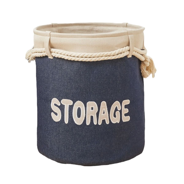 Round Draw String Denim Blue Fabric Laundry Basket