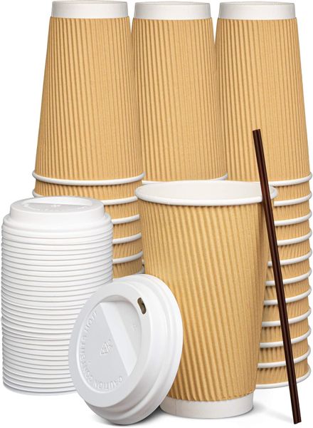 Insulated Ripple Paper Hot Coffee Cups With Lids and Straws - 50 Pack