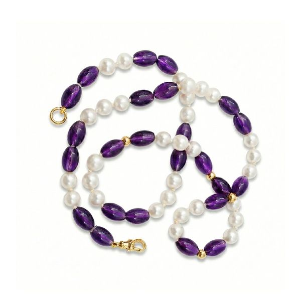 Morrisons Dusk Amethyst Pearl Gemstone Necklace with 9k Yellow Gold Clasp