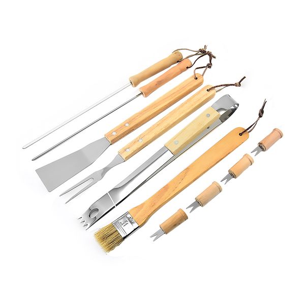 Stainless Steel Outdoor BBQ Tool with Wooden Handle Shovel Fork - Set of 10