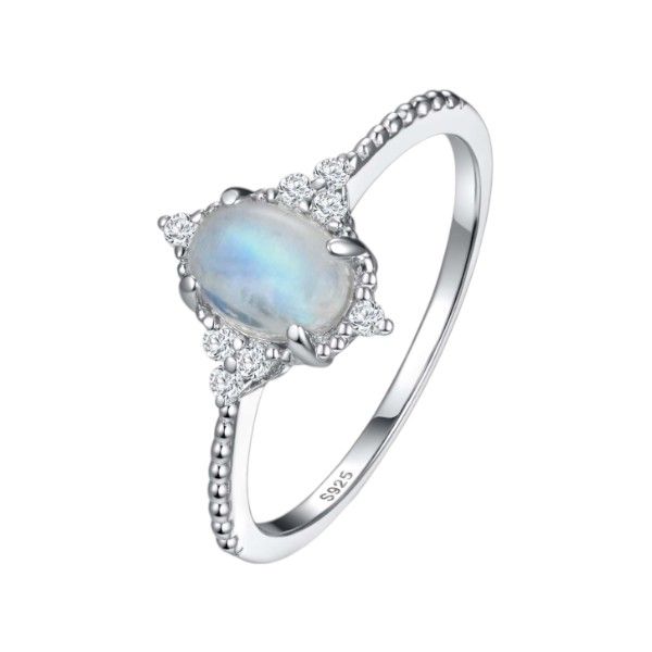 S925 Princess Style Ring With Ethereal Oval Moonstone Centerpiece - Silver