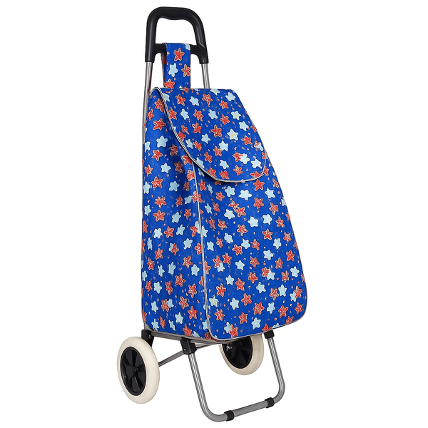 Floral Foldable Shopping Trolley with Large Wheels - Blue