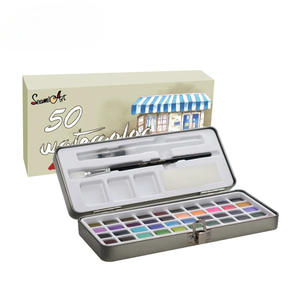 SeamiArt 50-Color Solid Watercolor Set with Tin Box &amp; Water Brush Pen