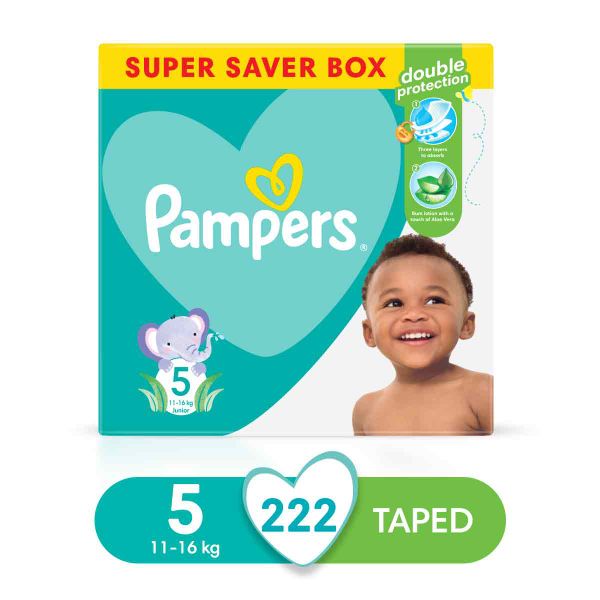 Pampers Baby Dry - Size 5, Super Saver Box-222 Nappies, Lotion with Aloe