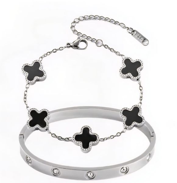 Silver Black flower Bracelet Love Bangle Non Tarnish set of 2
