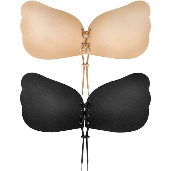 Sticky Backless Strapless Push-Up Bra Set - 2 Pairs Black &amp; Beige