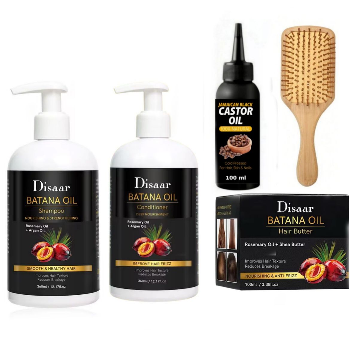 Batana Oil Hair Shampoo, Conditioner, Butter + Castor Oil &Detangling Brush