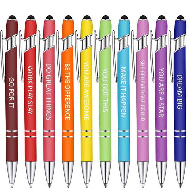 10 Pcs Inspirational Quote Ballpoint Pens with Stylus Black Ink Metal Pen