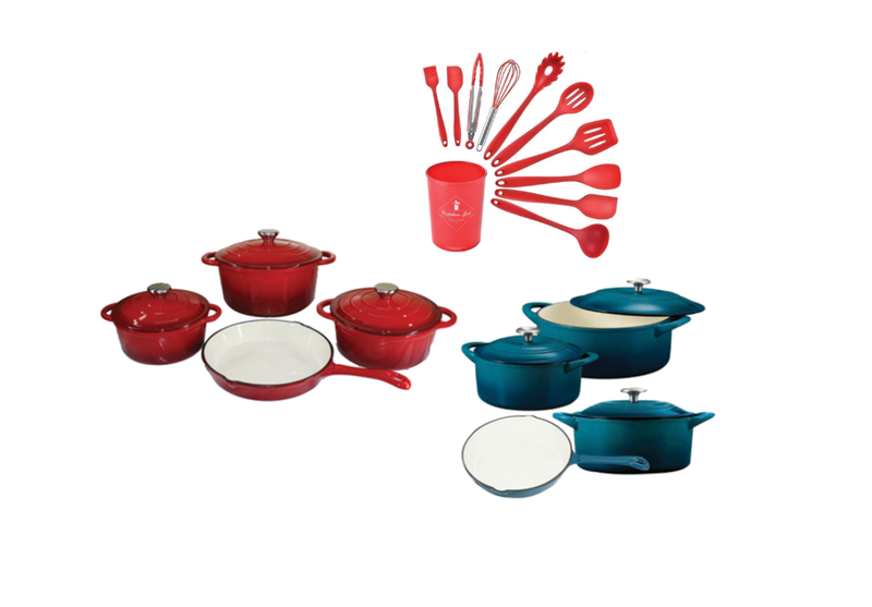 Premium Quality Cast Iron Pot Set with 11 Piece Spoon Set - 14 Piece Pot Set