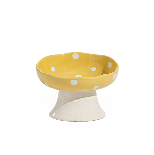 Mushroom Ceramic Cat Bowl, Neck Protecting Pet Slant Mouth Bowl-Yellow