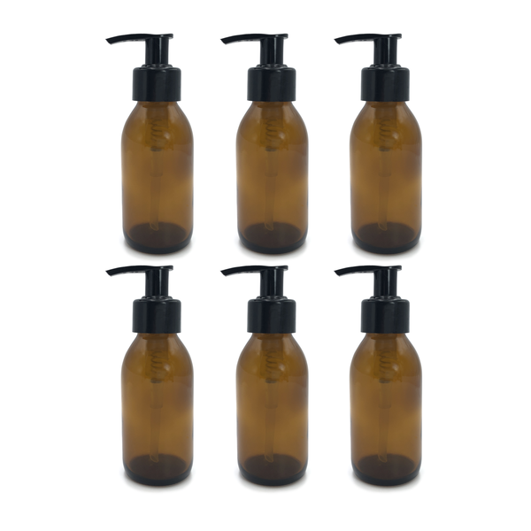 Amber Glass Bottle with Dispenser Lotion Pump - 100ml x 6
