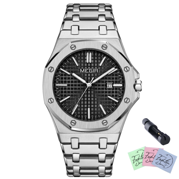 Megir - Men Formal Stainless Steel Strap Analogue Watch - Silver Black