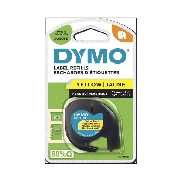 Dymo LetraTag 12mm x 4m Black on Yellow Plastic Tape Cassette