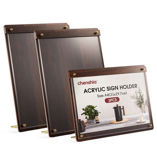Chenshia A4 Wood Grain Acrylic Sign Holder Dual Orientation Menu Stand 3pc