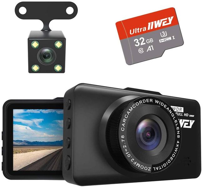 3” IPS Front Screen Dash Cam + Rear Camera + SD Card, DVR Motion Detection