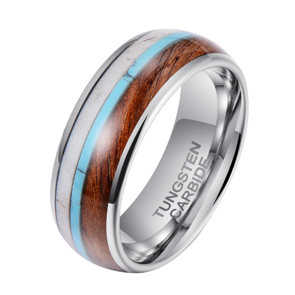 Men's Striped Wood Silver Tungsten Ring - WR001