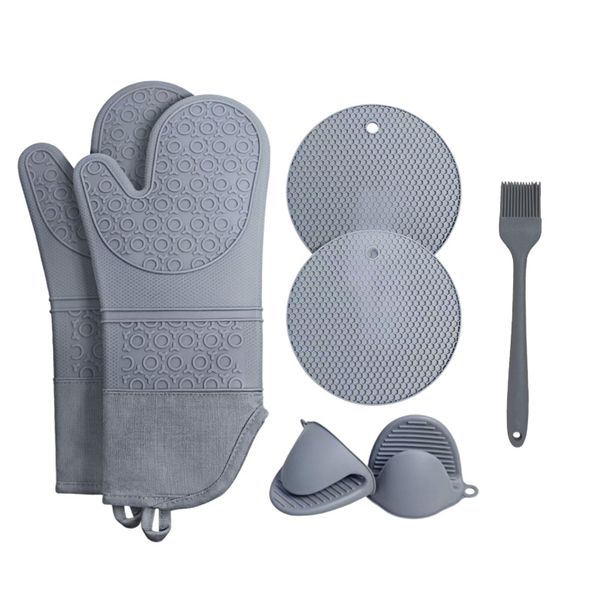 Heat Resistant Silicone Oven Gloves Set Of 7 with 4Mitts 2Hot Pads 1Brush