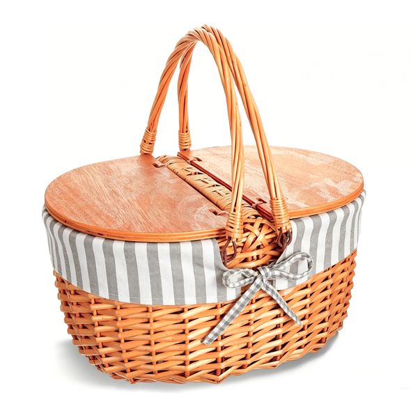 Picnic Basket with Lid Shoulder Strap Sturdy Woven Body Outdoor Camping