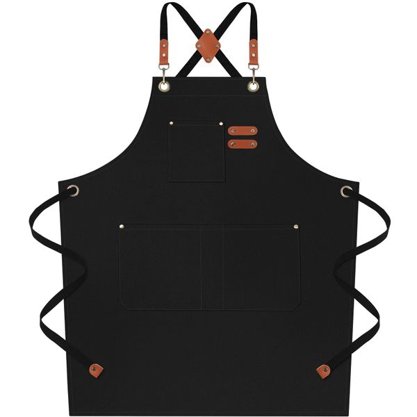 Black Chef Apron for Men Women, Water-Resistant Cotton Canvas