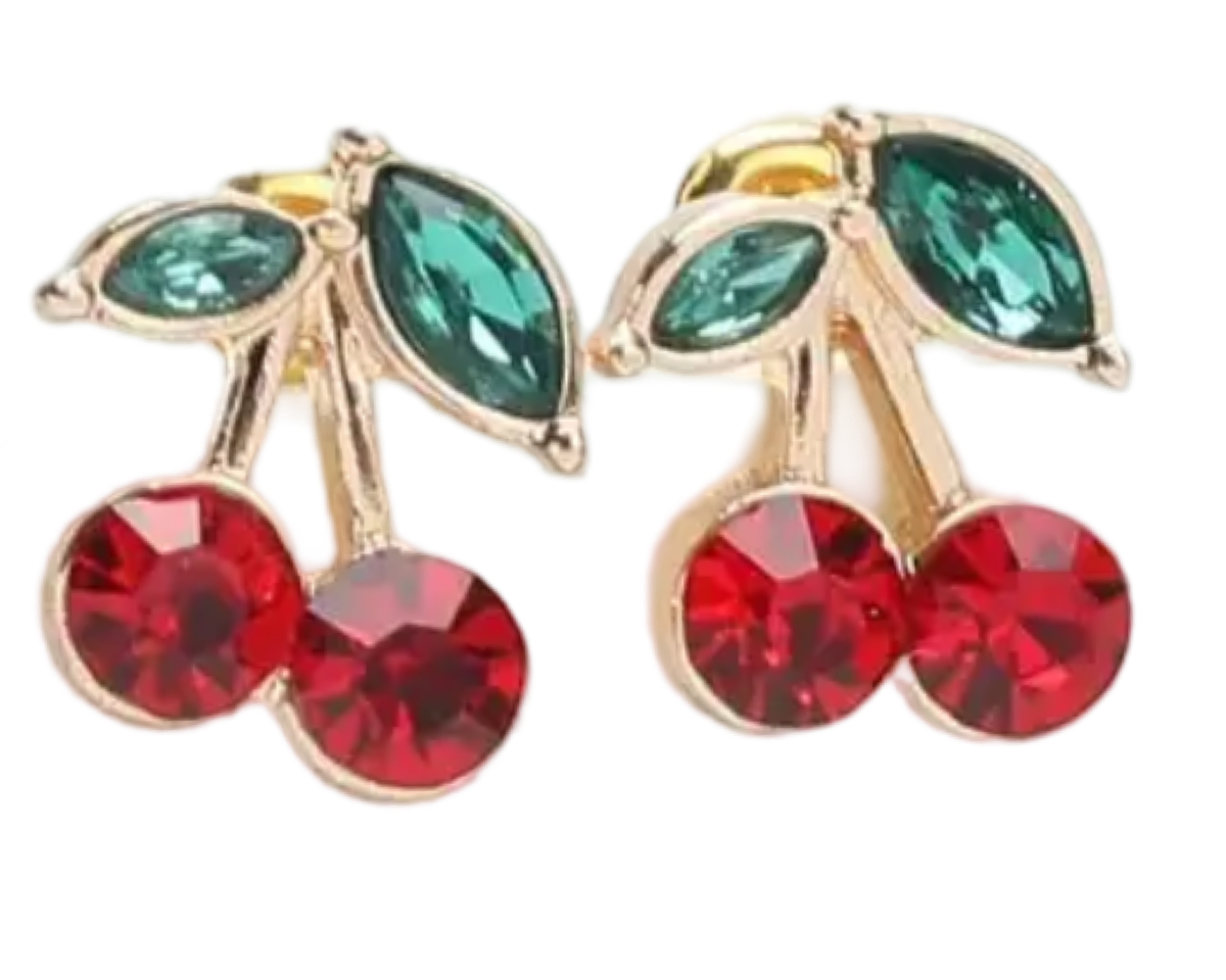 Romantic, Cherry Fruit Drop Earrings with Green Leaves Shop Today