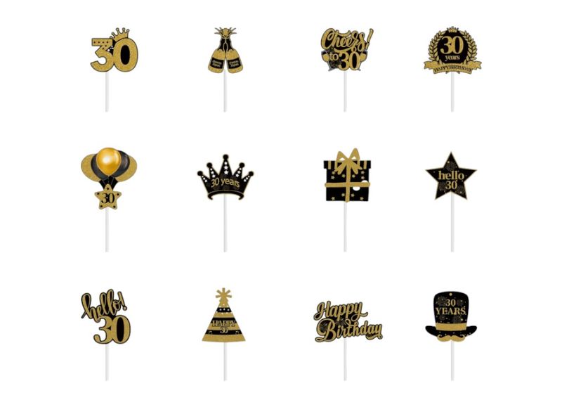 12 Pack - Milestone 30th Birthday Cupcake Toppers - Black/Gold
